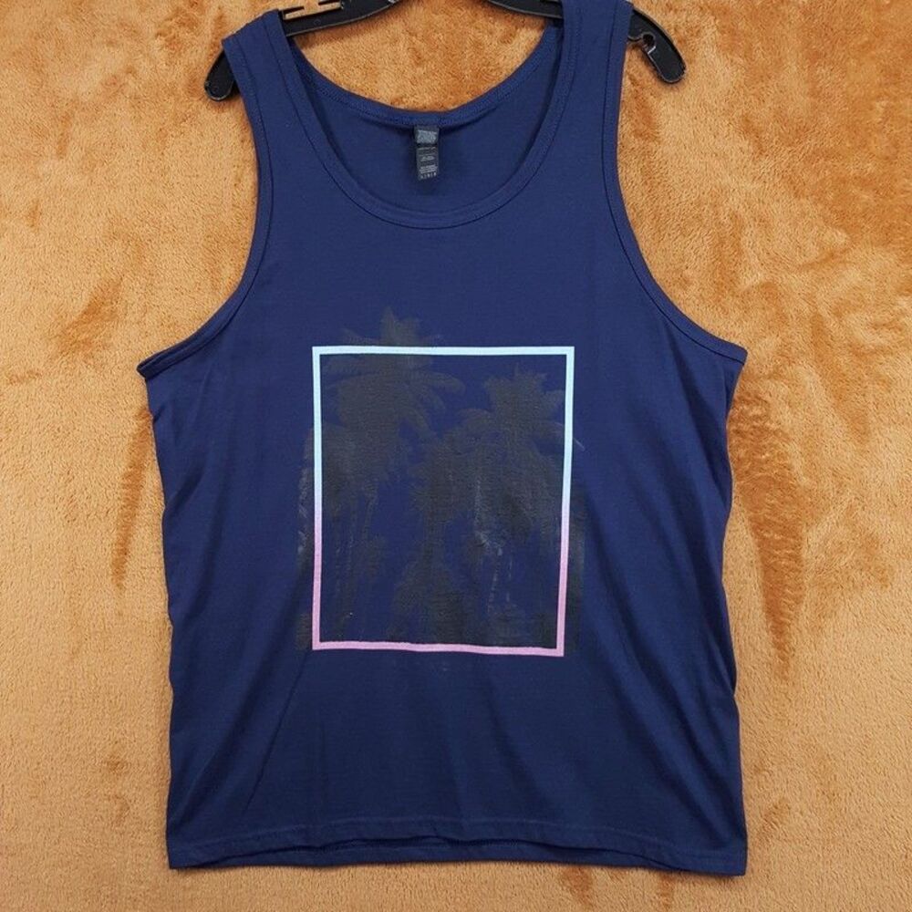 GILDAN Shirt Mens Large Navy Blue Tank Sleeveless Graphic Palm Trees Softstyle
